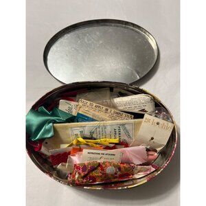 1960s Vintage Tin With Assorted Sewing Notions & Patterns